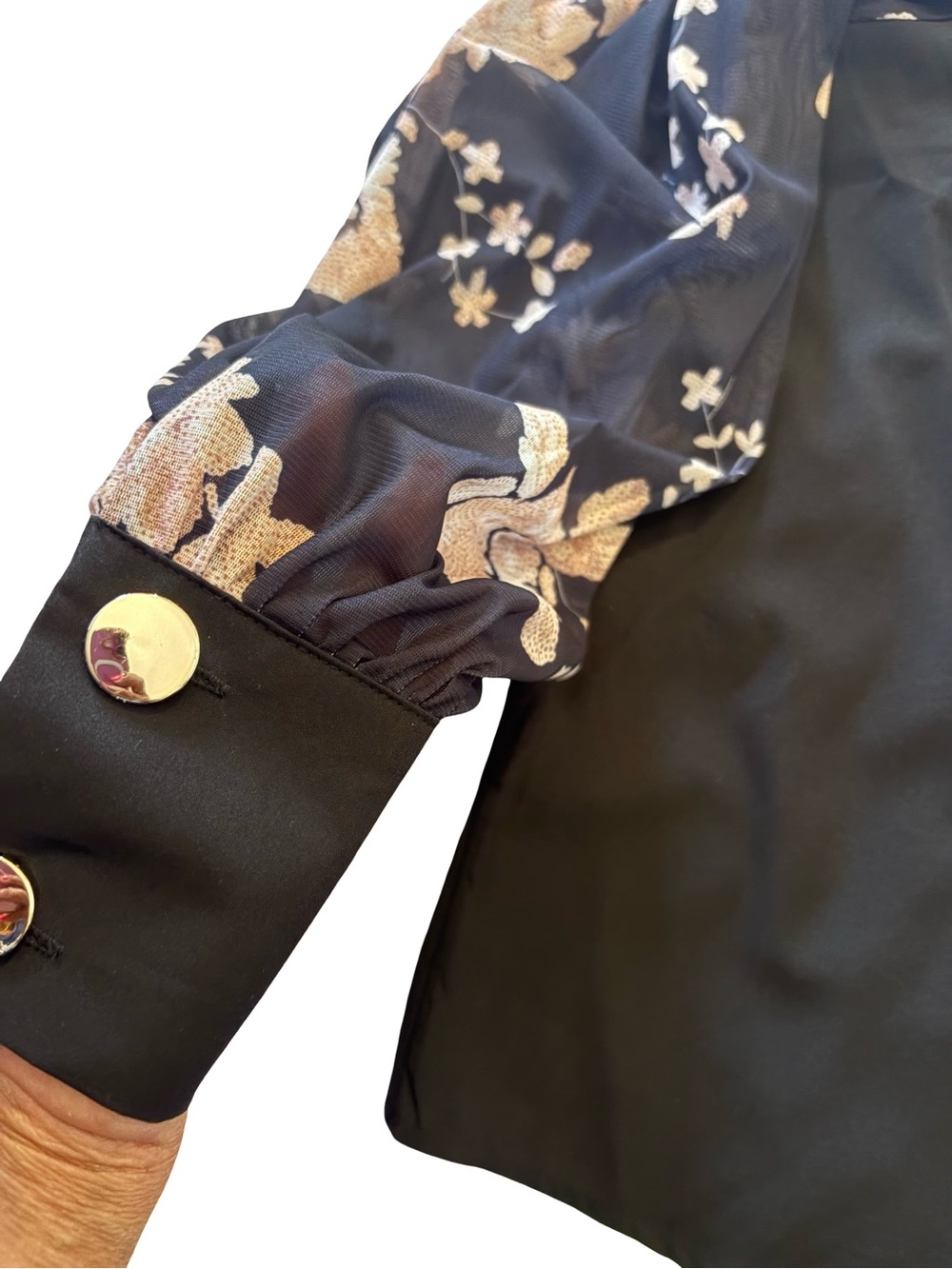 Source Unknown Black Blouse with Sheer Floral Sleeves